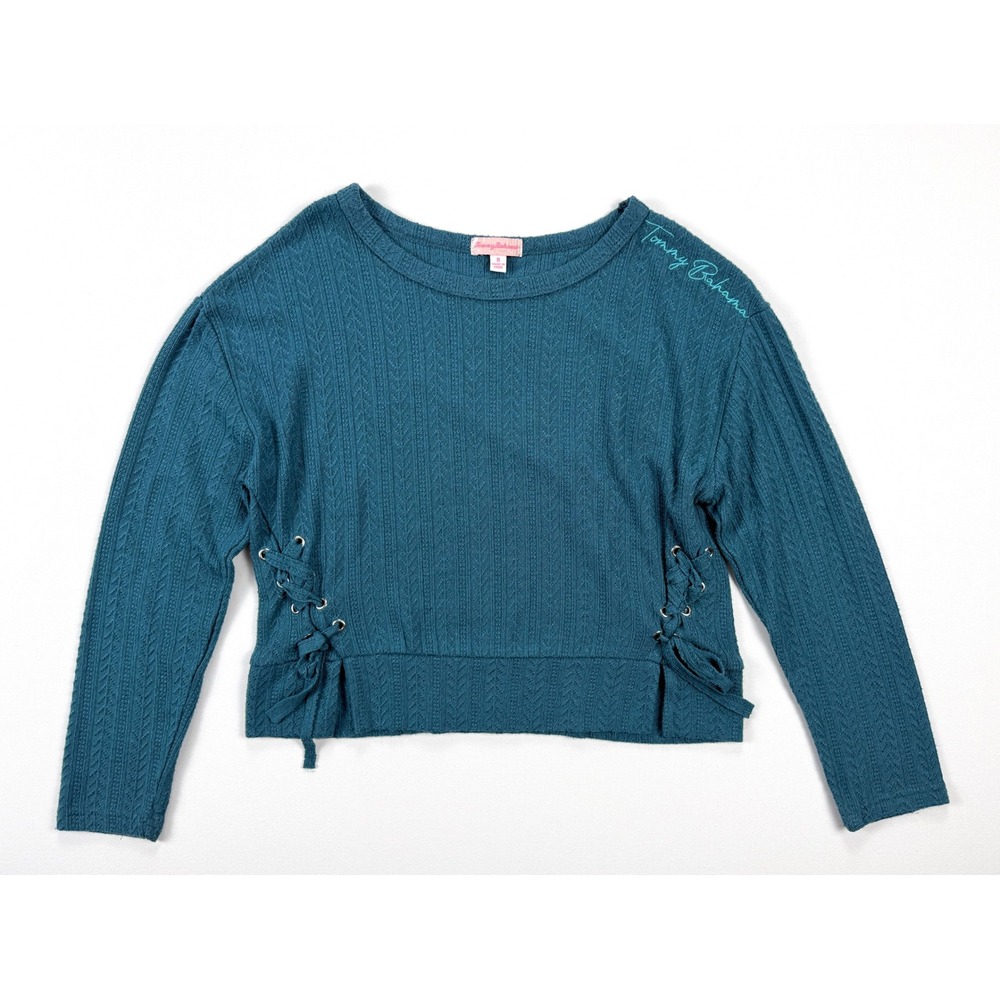 Tommy Bahama Womens 8 Teal Pointelle Knit Lace Up Side Pullover Sweater #1912 - Picture 2 of 10